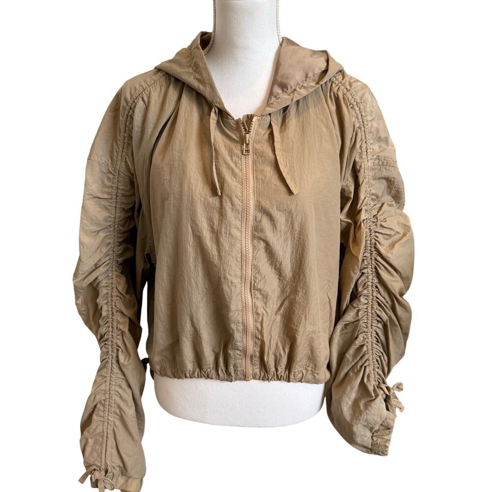 Topshop Cropped Jacket Size US 12 Khaki Nylon Ruched Sleeves Hood